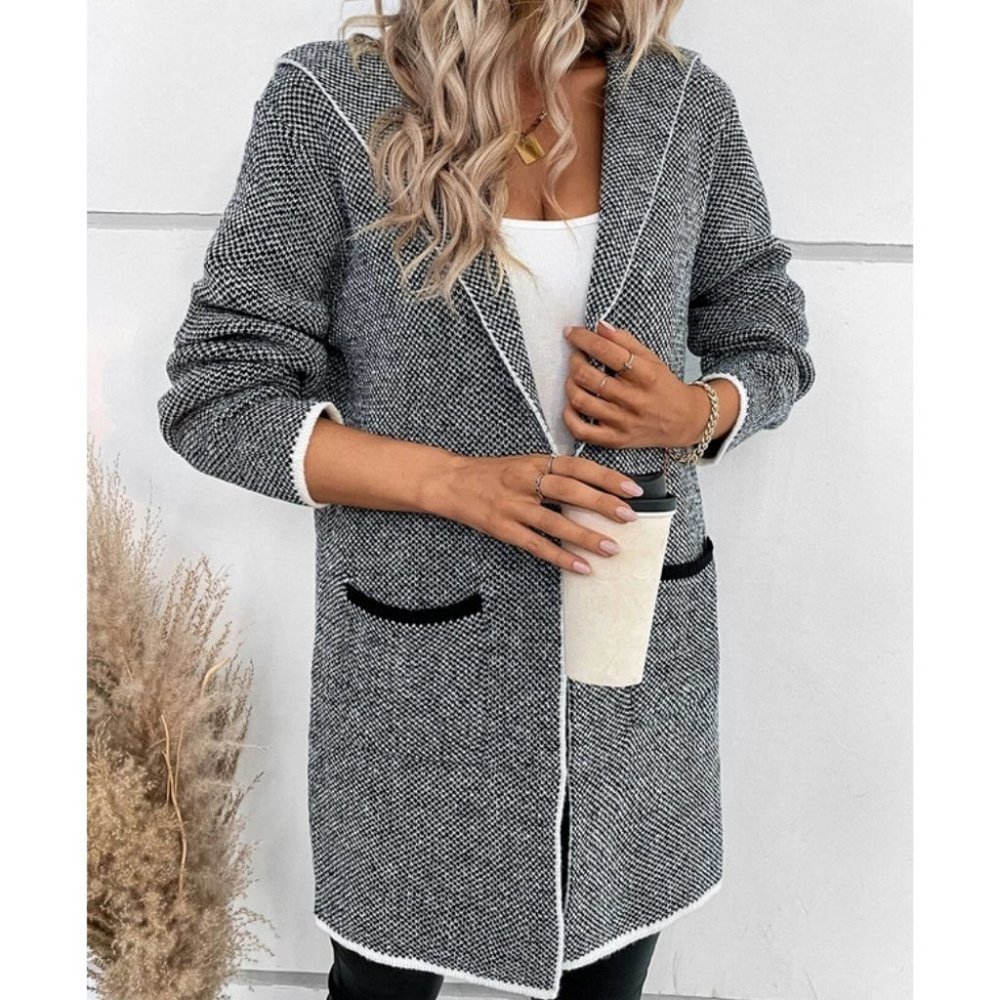 Pocketed Hooded Black Binding detailed knit sweater Cardigan - Picture 4 of 7